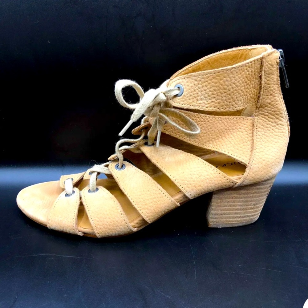 Lucky Brand Suede Open Toe Block Stacked Heel Brown Front Lace  Zip Back Shoe 6 - Picture 4 of 10